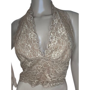 VeVinice Beige Floral Pattern Lace Halter V-Neck Bralette Crop Top